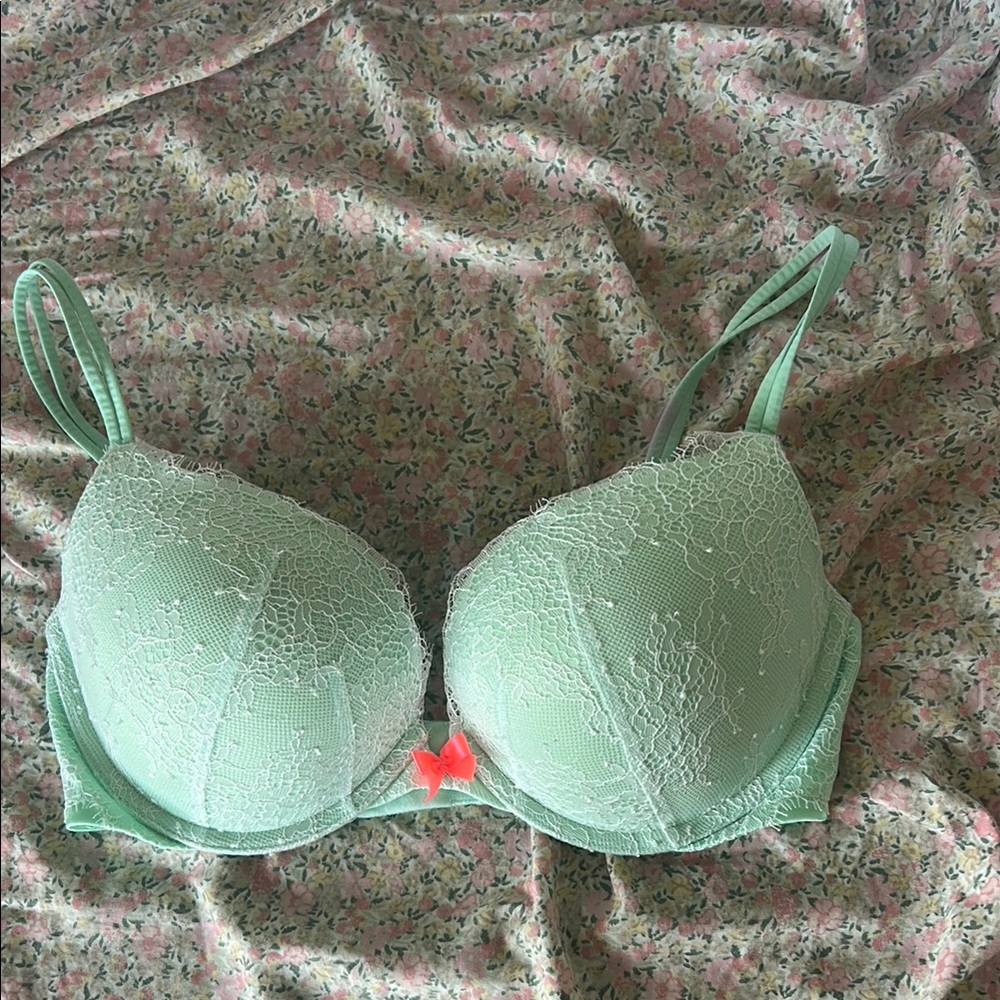 Victoria's Secret Mint Lace Push-Up Bra with Coral Bow